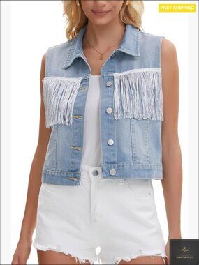 Sleeveless Denim Vest Fringe Tassel Trim Button Down Classic Jean Vest Women
